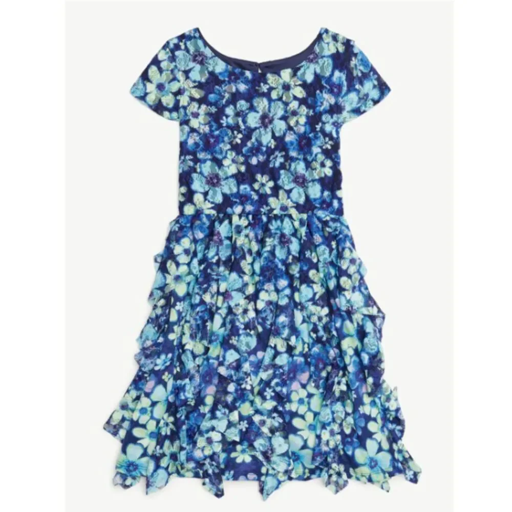 Justice Girls Lace Blue Floral Dress Size Small (7/8)